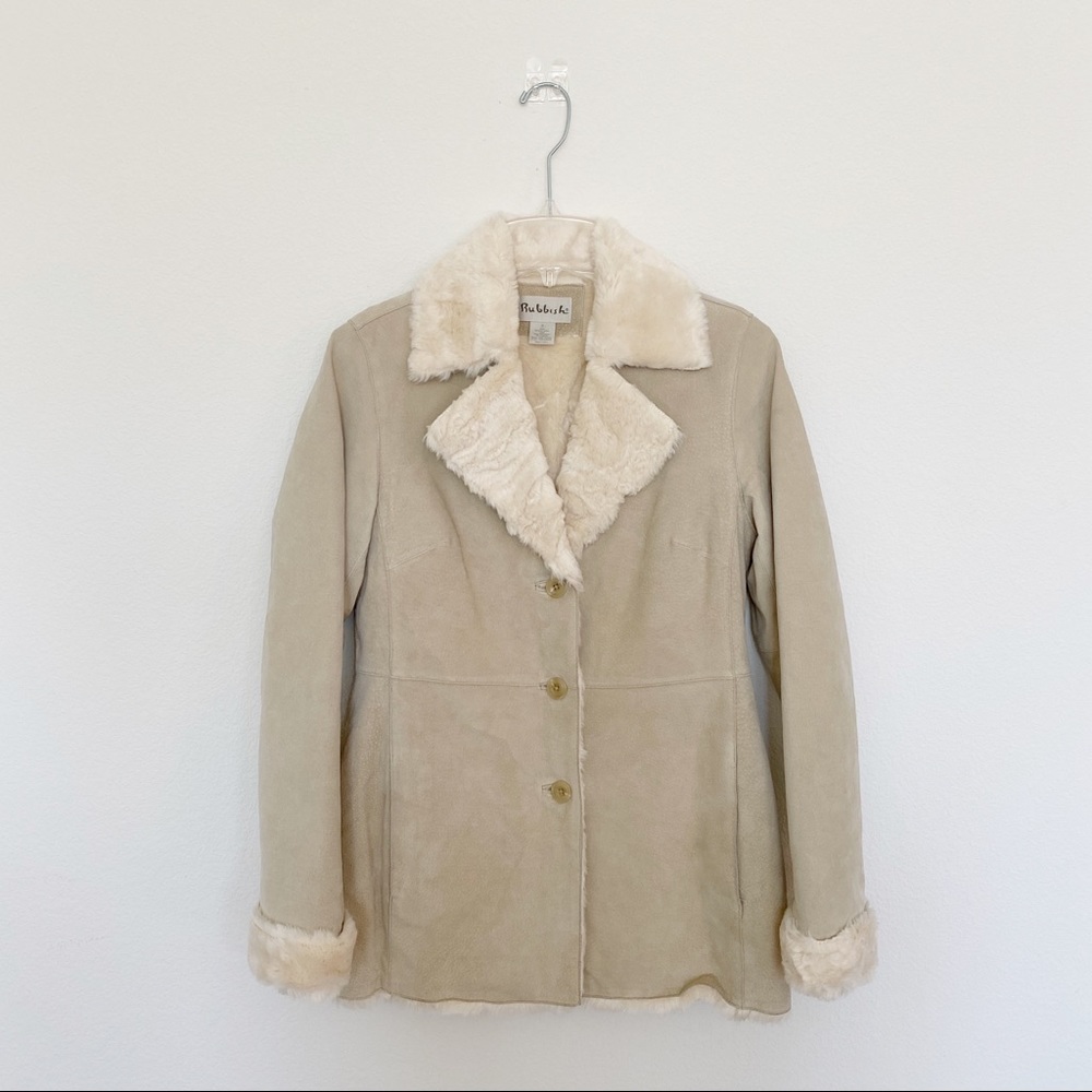 Rubbish Fleece-lined Leather Jacket - Cream Khaki Color - Size Small